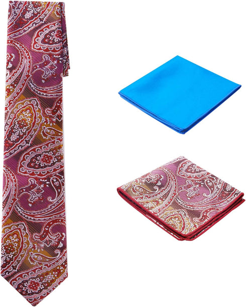 Men's Woven Paisley Regular Length Neck Tie with 2 Handkerchief Pocket Squares Hanky Set - Burgundy Brown Blue...