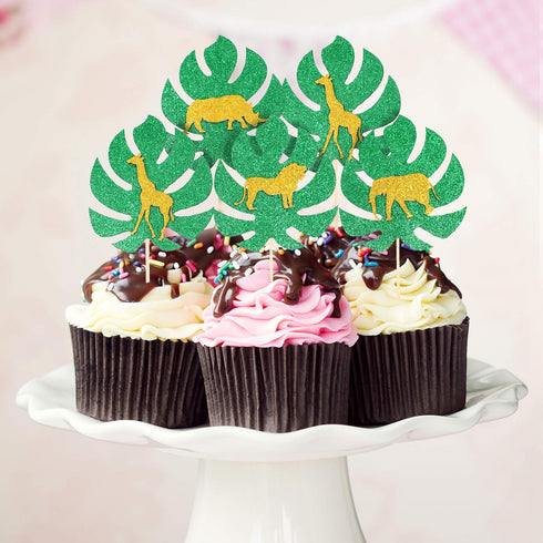 36 Pieces Animal Cupcake Toppers Jungle Style Cake Toppers Gold Glitter Palm Leaves Cake Decorations for Jungle Safari Animals Party Baby Showers ...