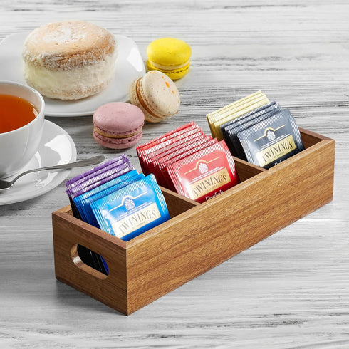 Tea Bag Organizer, Acacia Tea Bag Holder, Tea Storage Containers with 3 Slots, Wooden Sugar Packet Holder, Mini Tea Bag Caddy Box for Countertop...