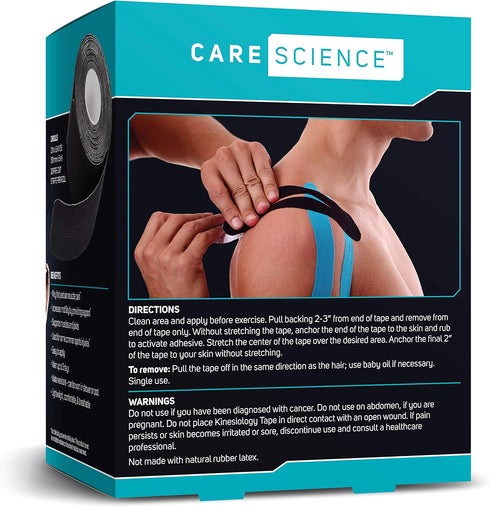 Care Science Waterproof Kinesiology Tape, 40 ct Precut Strips (2 Rolls), Black | Elastic Sports & Weightlifting Tape Supports Muscles & Joints. Wa...