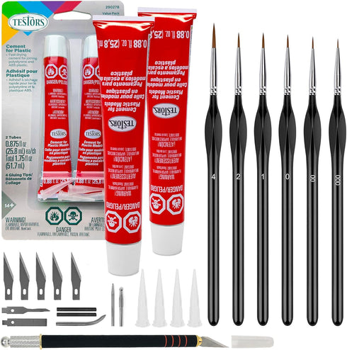 Testors Cement Plastic Model Glue Adhesive 2-Pack, 6 Fine Detail Miniatures Paint Brushes, Precision Crafting Knife with Extra Blades and Tips...
