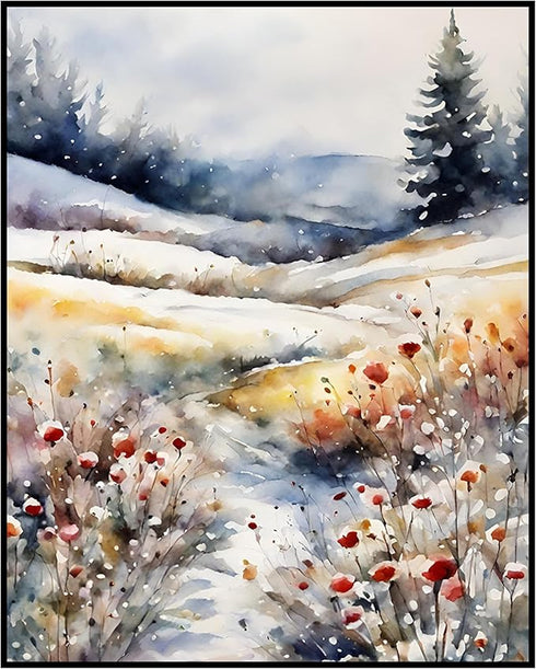 Posterizer 1 pcs-snowy winter flowers scene in oil painting style-10-Floral & Botanical Art-Landscape & Nature Art-Living Room Bedroom Decor- unfr...