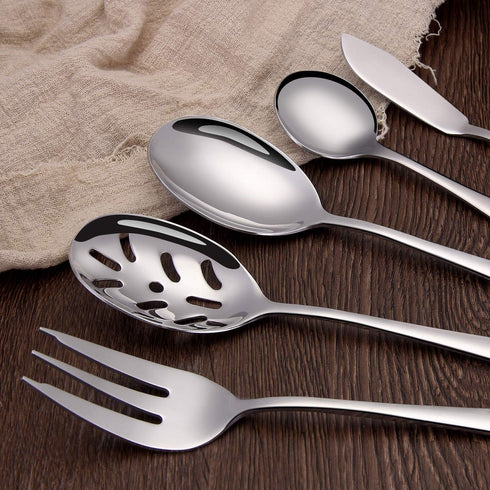 5-Piece 18/0 Stainless Steel Serving Set,Large Hostess Set with Round Edge,Mirror Finished,Dishwasher Safe -Spoons, Forks,Butter Knife& Slotted Sp...