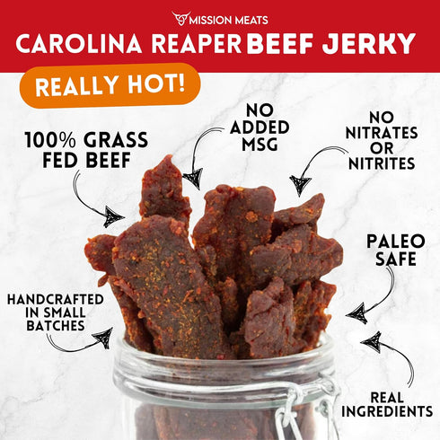 Mission Meats Carolina Reaper Jerky from 100% Grass Fed & Pasture Raised Beef, Caution: Extremely Spicy, Small Batch Hand Crafted, Gluten Free, 2o...
