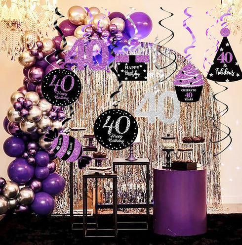 40th Birthday Decorations Women Purple Black Silver Women 40th Birthday Party Decorations Purple Silver Black Foil Hanging Swirls...