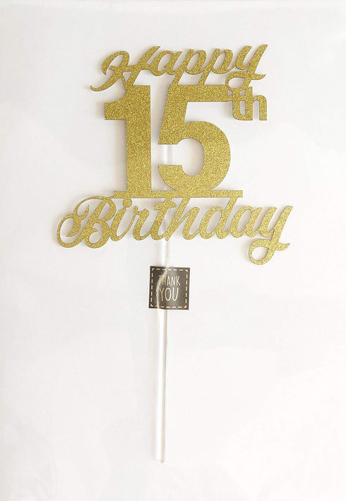 15th Birthday Cake Topper, Birthday Party Decorations with Premium Gold Glitter...