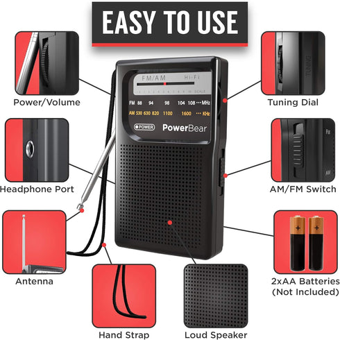 PowerBear Portable Radio | AM/FM, 2AA Battery Operated with Long Range Reception for Indoor, Outdoor & Emergency Use | Radio with Speaker & Headph...