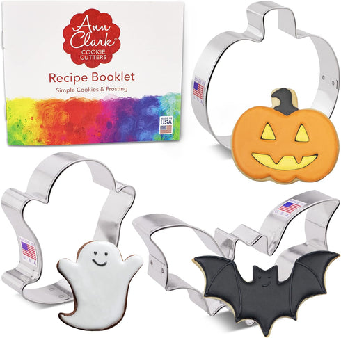 Halloween Cookie Cutters 3-Pc. Set Made in USA by Ann Clark, Pumpkin, Ghost, Bat...