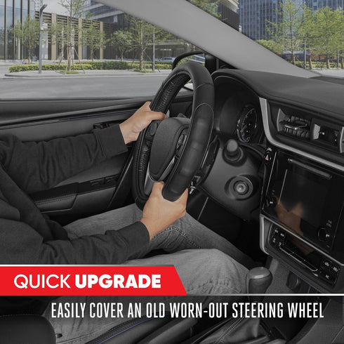 Motor Trend GripDrive Faux Black Leather Steering Wheel Cover for Car Truck Van SUV, Small 14 inch Size, Solid Black Stitched Car Steering Wheel C...