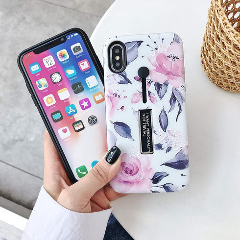 Compatible with iPhone XR Case Finger Grip,3D Embossed Pink Flowers Gray Shell Design,Rugged Shockproof Slim Fit Dual Layer Finger Ring Loop Strap...