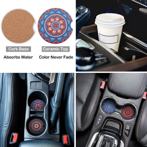 6 Piece Mandala Car Accessories Set Include Boho Steering Wheel Cover Absorbent Mandala Ceramic Coasters Handmade Crystal Window Car Hanging Ornam...