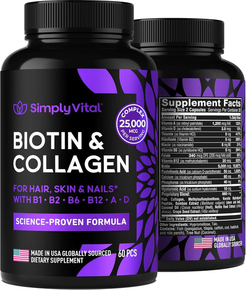 Biotin Vitamins for Hair, Skin & Nails - Biotin 5000mcg, Keratin & Collagen - Hair Supplement for Women & Men with Marine Collagen Peptides & B Co...