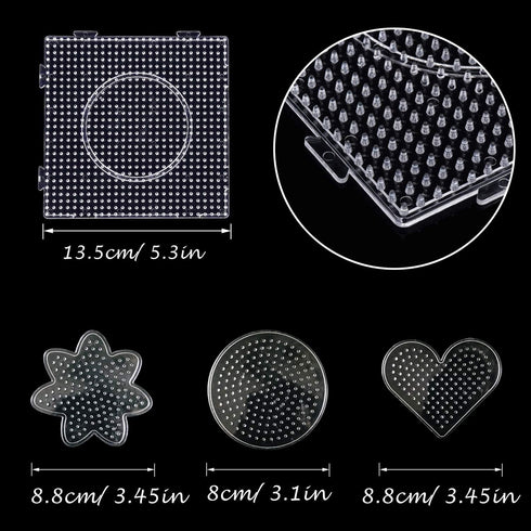 Allazone 5 mm 10 Pack Fuse Beads Boards, Large Round Square Clear Plastic Pegboards with 6 PCS White Beads Tweezers, 10 PCS Ironing Paper and Keyc...