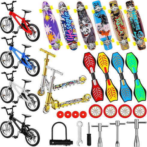 Skylety 31 Pieces Mini Finger Toys Set for Boy Girl includes 6 Finger Skateboards, 4 Finger Bikes, 2 Mini Scooters 4 Swing Board 8 Matched Wheels ...