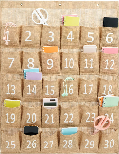 Juvale 30-Row Burlap Cell Phone Holder for Classroom, Farmhouse Designed White Numbered Hanging Pocket Organizer for Mobile Phones, Calculator Cad...