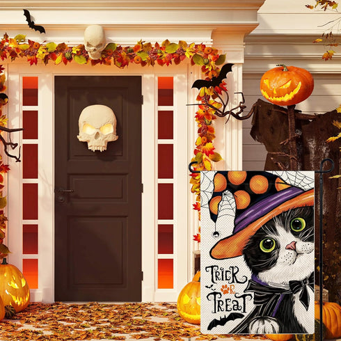 Black Cat Halloween Garden Flags for Outside, Trick or Treat Holiday Garden Flags 12x18 Double Sided, Cute Kitten Fall Holiday Yard Flag Winter La...