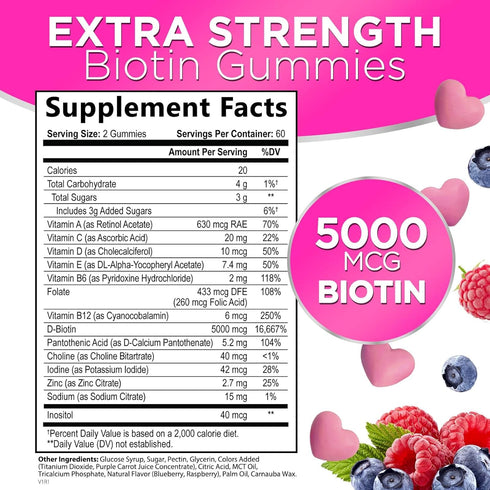 Hair Vitamins Gummy with Biotin 5000 mcg Vitamin E & C to Support Hair Growth, Non-GMO, for Thicker, Stronger & Beautiful Hair, Skin & Nails, Hair...