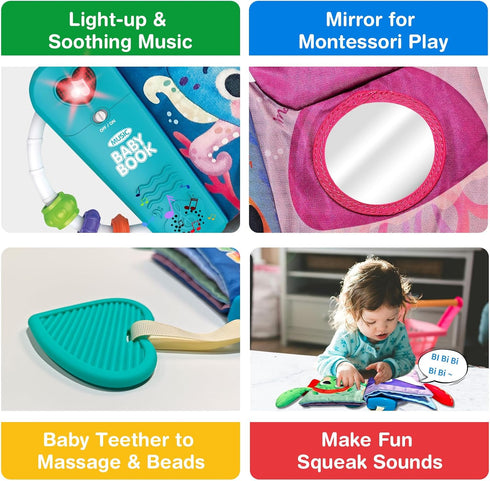 Baby Books Toys 6-12 Months - Baby Musical Toys Newborn Montessori Toys for Babies - Soft 3D Activity Cloth Tummy Time Book - Infant Early Develop...