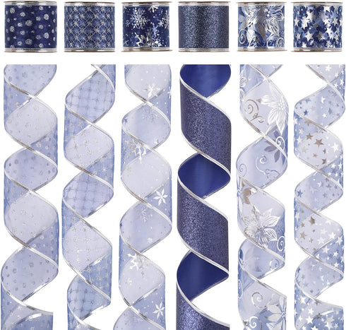 AIMUDI Navy Blue Christmas Ribbon Wired 2.5" Navy Christmas Tree Ribbon 6 Rolls 36 Yards Blue Ribbon for Christmas Tree Garland Blue Silver Wired ...