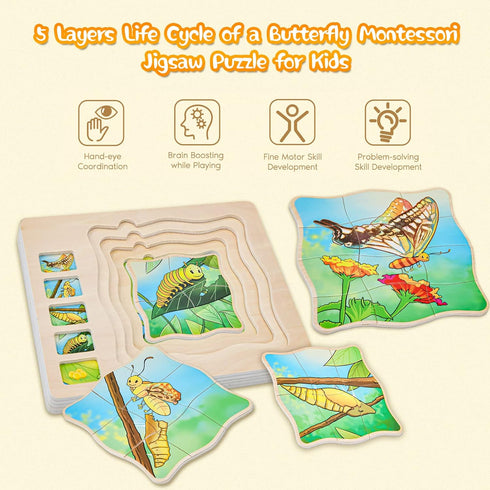 Wooden Puzzles for Kids Ages 4-8, 5 Layers Life Cycle of a Butterfly Montessori Jigsaw Puzzle for Kids, Children Preschool Learning Educational Pu...