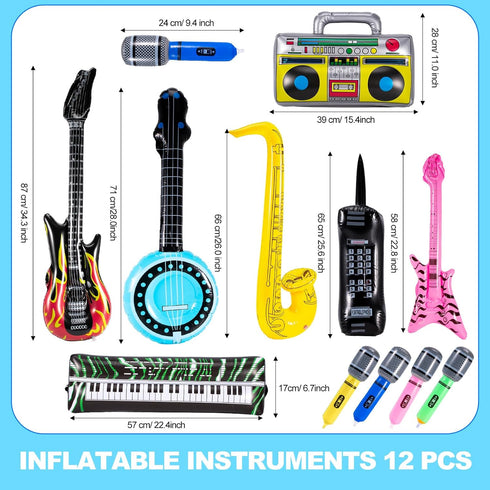 12 Pcs Inflatable Instruments,Inflatable Rock Star Toy Set,Inflatable Guitar,Blow up Guitar Inflatable Saxophone Inflatable Microphones Bass Lute ...