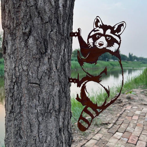 Garden Outdoor Decoration Rusty Metal Wall Art Corten Steel Raccoon Stake Animal Yard Decor Handmade Silhouettes Steel Metal for Yard Lawn Trees F...