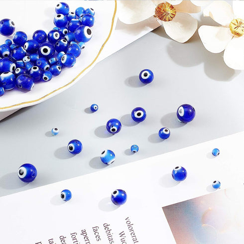 PH PandaHall 390 Pcs 4 Size Blue Evil Eye Glass Beads Round Evil Eye Beads 4/6/8/10mm Evil Eye Lampwork Glass Beads Handmade Lampwork Evil Eye Cha...