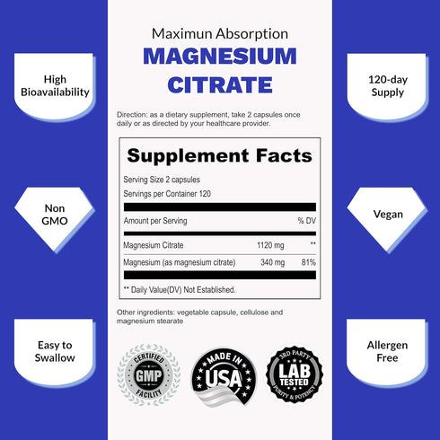 UpNourish Pure Magnesium Citrate (Citrato de Magnesio) 1120mg, 240 Capsules - High Absorption Magnesium Supplement for Women & Men - Natural Calm ...