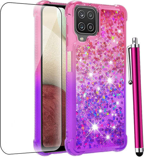 for Samsung Galaxy A12 Case with Tempered Glass Screen Protector,Women Girls Glitter Bling Floating Liquid Cute Soft TPU Shockproof Protective Pho...