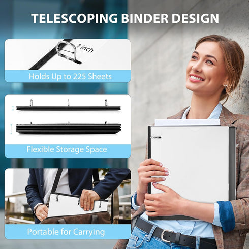 WOT I Telescoping 3 Ring Binder 1 Inch 1PC - White, Flexible Binder with Expandable Spine+Customized Front Cover+Clear Catalog Pocket, Holds 225 S...