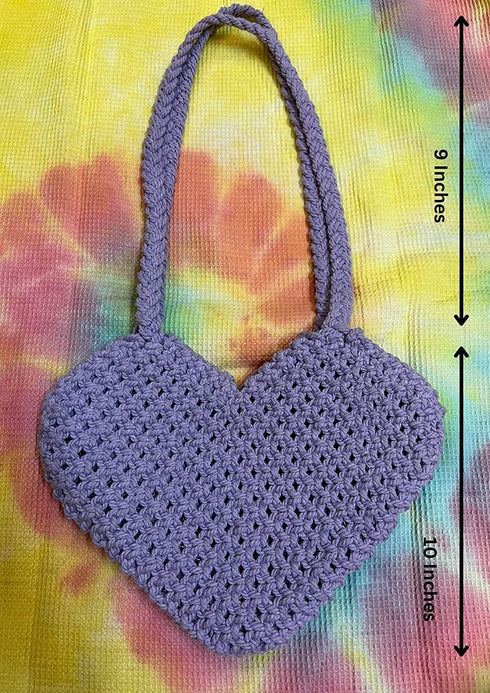 JESSICA Cotton Boho Macrame Handmade Heart Shaped Handbag Birthday Ladies Gift, lavender....