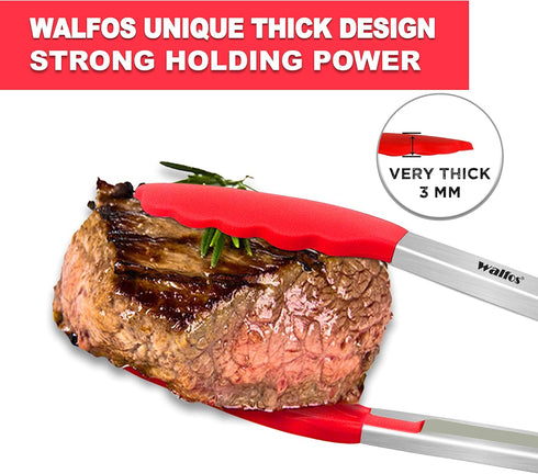 Walfos Kitchen Tongs - 7" 9" and 12" Heat Resistant Cooking Tongs, Stainless Steel and BPA Free Silicone Tips, Great for Cooking, Salad, Grilling,...