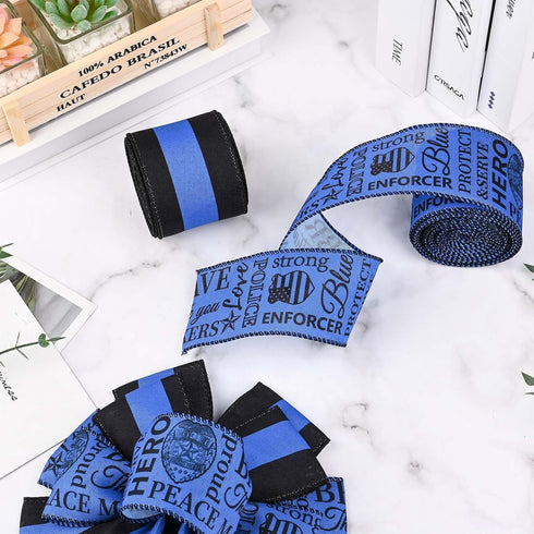 2 Rolls 20 Yards Police Support Wired Edge Ribbon, 2.5"Blue Black Stripe Police Badge Burlap Ribbon Memorial Day Patriotic Ribbons for Wreath Bow ...