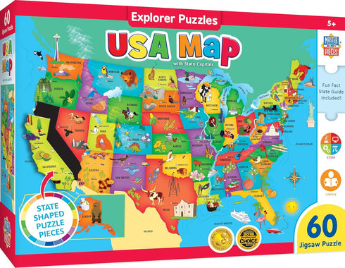 MasterPieces 60 Piece Educational Jigsaw Puzzle for Kids - USA Map State Shaped - 16.5"x12.75"...