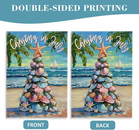 Decorative Garden Flag, Christmas Tropical Xmas Tree Beach Coastal Starfish Shell Yard Outside Decorations, Hawaii Nautical July Summer Holiday Ou...