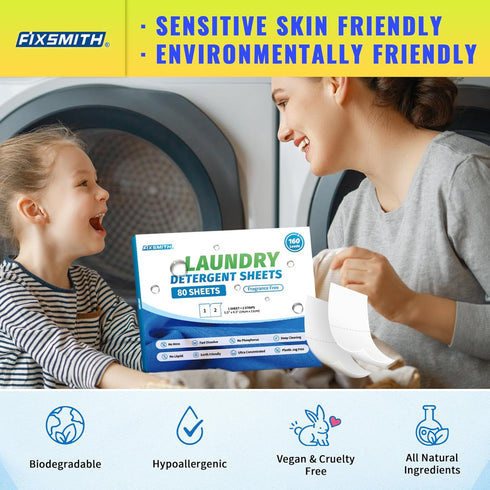 FIXSMITH Laundry Detergent Sheets - 160 Loads (80 Sheets) Fragrance Free - Hypoallergenic,Unscented,Eco Friendly Laundry Detergent Strips Concentr...