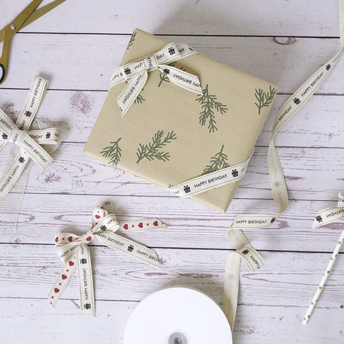 HUIHUANG 3/4 Inch Happy Birthday Cotton Ribbon Natural Fabric Cotton Ribbon for Gift Wrapping Crafts Home Decor Floral Bouquet Party Decoration Ba...