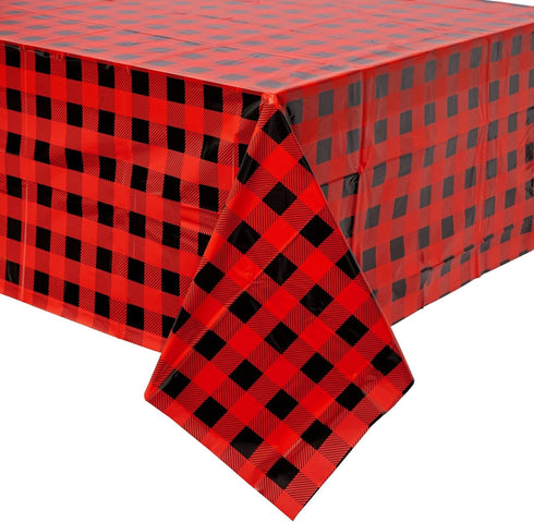 BLUE PANDA Buffalo Plaid Plastic Tablecloth Picnic Table Cover - 3 Pack 54 x 108 in Red & Black - Disposable Durable Decor for Lumberjack Party De...