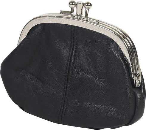 Leatherboss Leather Women's Coin Holder Pouch Purse Double Frame Wallet with Zipper Pocket, Black...