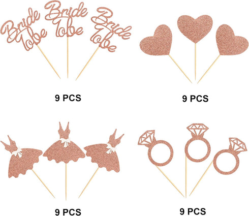 Ercadio 36 Pack Bride to Be Cupcake Toppers Rose Gold Glitter Dress Heart Ring Cupcake Picks Wedding Bachelorette Bridal Shower Party Cake Decorat...