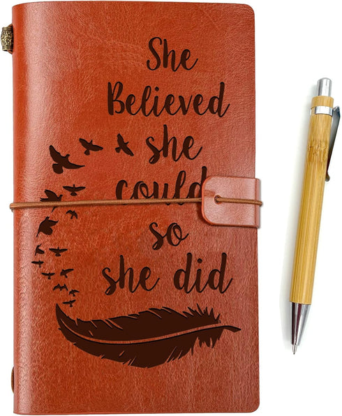 Inspirational She Believed She Could So She Did Embossed Leather Journal, Refillable Journal Notebooks, Travel Journal Diary Sketch Book Writing J...