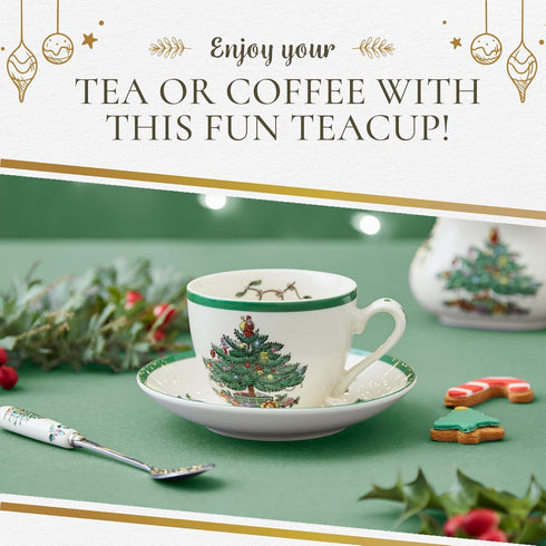 Spode Christmas Tree Teacup & Saucer Set - 7 Oz Earthenware Cup for Tea, Coffee, Cappuccino, Espresso - Holly & Mistletoe Holiday Accents - Holida...