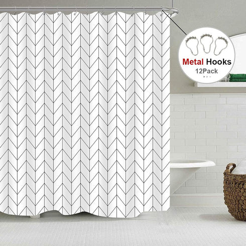 Riyidecor Chevron Shower Curtain Geometric Herringbone 72Wx96H Inch Striped Extra Long Simple Modern Classy Neutral Contemporary 12 Pack Metal Hoo...