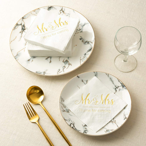 Crisky Napkins Mr and Mrs Gold Cocktail Beverage Dessert for Wedding Shower Engagement Party Decorations, Cake Table Decor Supplies. 100 Pcs, 3-Pl...
