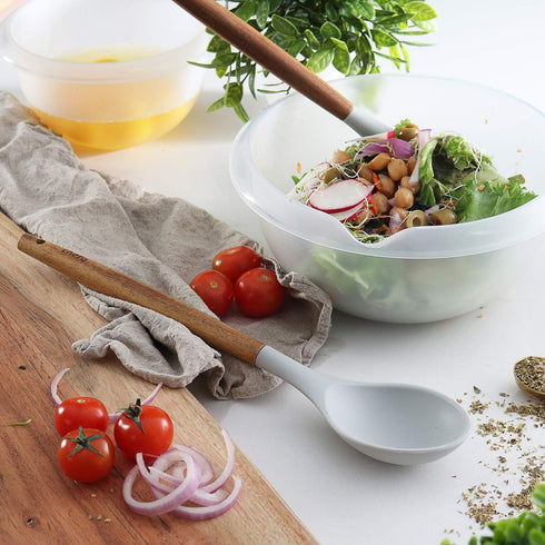 Silicone Serving Spoon - with Wooden Handle, Non-Stick Cookware Heat Resistant Kitchen Utensil - Light Gray...