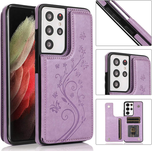 Phone Case for Samsung Galaxy S21 Ultra Glaxay S21ultra 5G with Tempered Glass Screen Protector Card Holder Wallet Cover Stand Flip Leather Cell G...