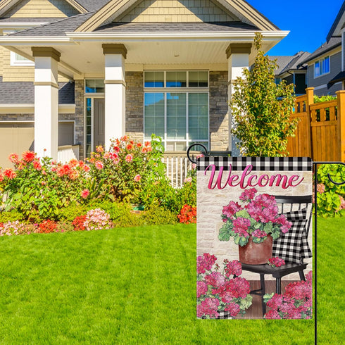 Welcome Spring Geranium Pink Flower Decorative Garden Flag, Black White Buffalo Plaid Floral Pot Chair Yard Outside Home Decorations, Summer Farmh...