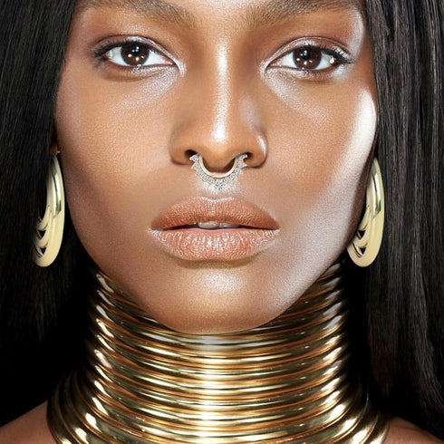 6 Pieces Gold African National Tribal Costume Accessories Set Long Neck Collar Necklaces Metal Bracelet Gothic Chunky Nose Hoop Chain Swirl Earrin...