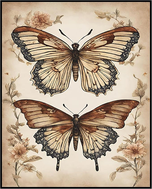 Posterizer 1 pcs- Two brown butterflies with wild flowers-Art for Animal Lovers-Floral Botanical Art- Gift for Men Women Teens-decor for Bedroom, ...