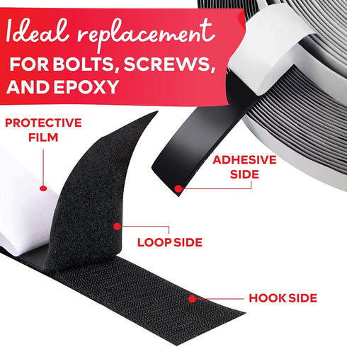 Hook and Loop Tape, Black, 2-in x 10-Ft Industrial Strips with Adhesive Heavy Duty, Indoor/Outdoor Hook and Loop Roll, No Sew Sticky Strips - XFas...